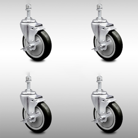 Service Caster 5 Inch SS Black Polyurethane Swivel 10mm Threaded Stem Caster Set Brake SCC SCC-SSTS20S514-PPUB-BLK-TLB-M1015-4